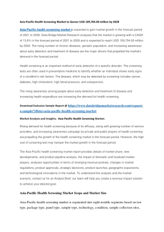 Asia-Pacific Health Screening Market to Garner USD 109,704.00 million by 2028