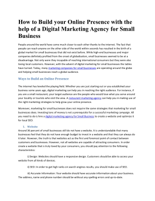 How to Build your Online Presence with the help of a Digital Marketing Agency for Small Business