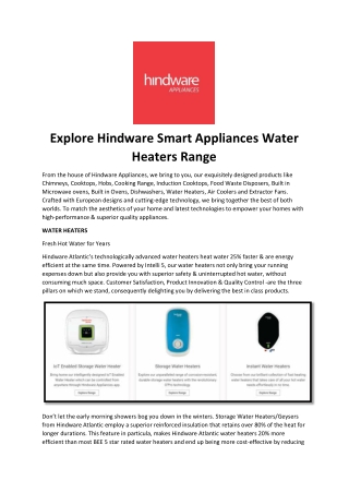 Explore Hindware Smart Appliances Water Heaters Range