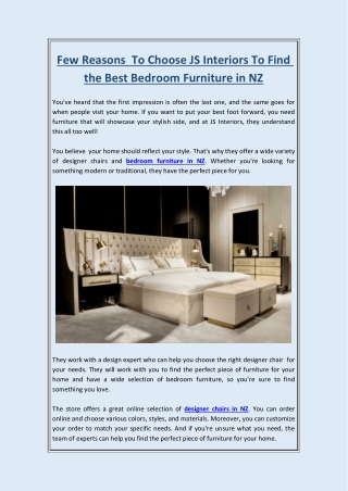 Few Reasons  To Choose JS Interiors To Find the Best Bedroom Furniture in NZ