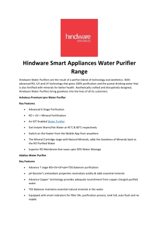 Hindware Smart Appliances Water Purifier Range