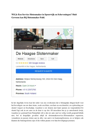 Wil Je Een Service Slotenmaker in Spoorwijk en Scheveningen Sluit Gewoon Aan Bij Slotenmaker Fuld.ppt