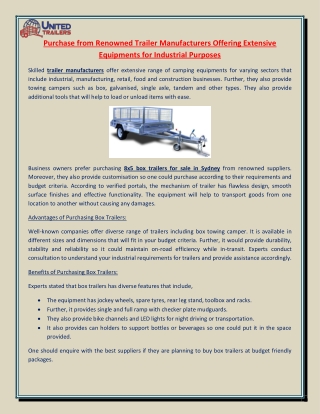 Purchase from Renowned Trailer Manufacturers Offering Extensive Equipments for Industrial Purposes