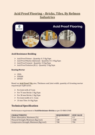 Acid Resistant Flooring Procedure for Laying & Technical Specification