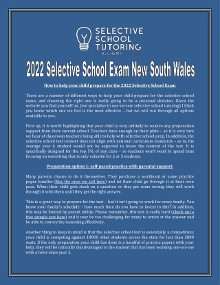 2022 Selective School Exam New South Wales