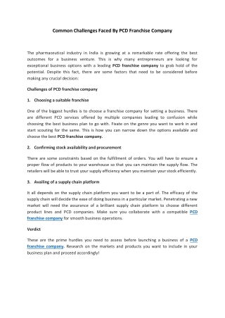 Common Challenges Faced By PCD Franchise Company