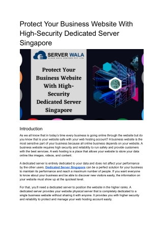 Protect Your Business Website With High-Security Dedicated Server Singapore