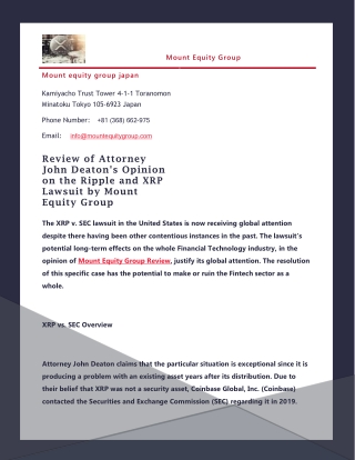 Review of Attorney John Deaton's Opinion on the Ripple and XRP Lawsuit by Mount Equity Group