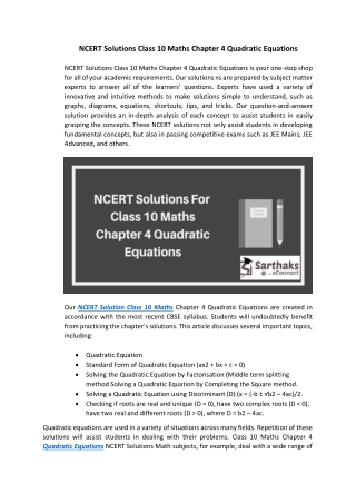 NCERT Solutions Class 10 Maths Chapter 4 Quadratic Equations