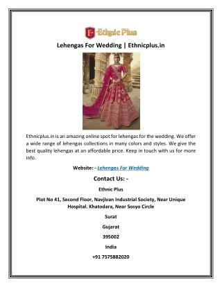 Lehengas For Wedding | Ethnicplus.in