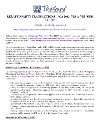 Related Party Transactions – ‘CA 2013’ vis-à-vis ‘SEBI LO