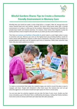 Blissful Gardens Shares Tips to Create a Dementia-friendly Environment in Memory