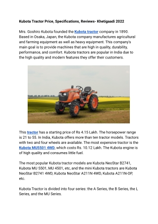 Kubota Tractor Price, Specifications, Reviews- Khetigaadi 2022