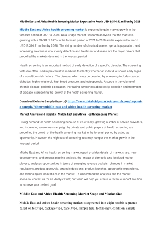 Middle East and Africa Health Screening Market Expected to Reach USD 9,344.91 million by 2028