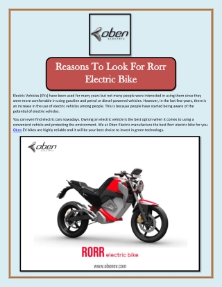 Reasons To Look For Rorr Electric Bike