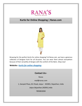 Kurtis for Online Shopping | Ranas.com