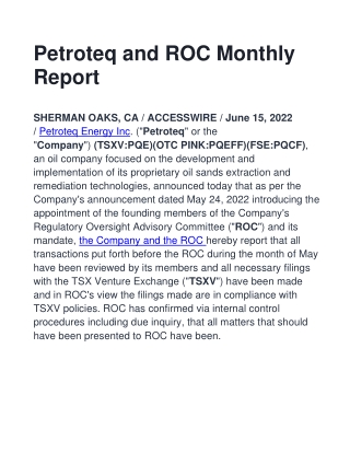Petroteq and ROC Monthly Report