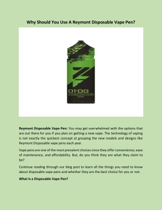 Why Should You Use A Reymont Disposable Vape Pen