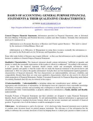 Basics of Accounting: General Purpose Financial Statements & their Qualitative C