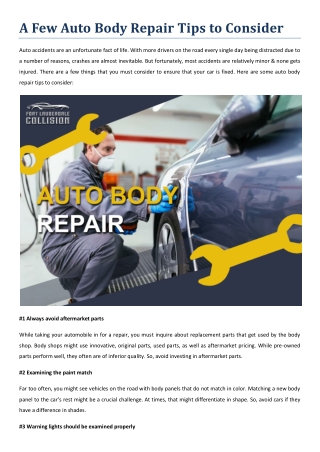 A Few Auto Body Repair Tips to Consider