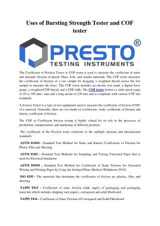 Uses of Bursting Strength Tester and COF tester