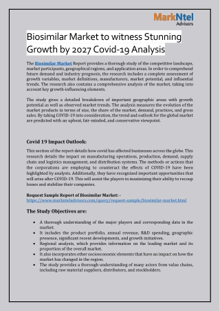 Biosimilar Market to witness Stunning Growth by 2027 Covid-19 Analysis