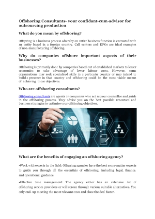 Offshoring Consultants- your confidant-cum-advisor for outsourcing production