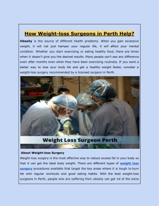 How Weight-loss Surgeons in Perth Help