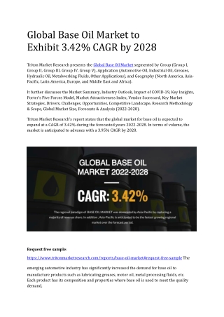 Global Base Oil Market to Exhibit 3.42% CAGR by 2028