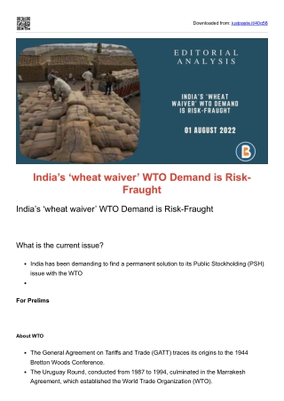 India’s ‘wheat waiver’ WTO Demand is Risk-Fraught