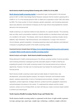 North America Health Screening Market Growing with a CAGR of 12.1 by 2028