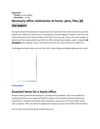 Necessary office stationeries at home- pens, files, a4 size papers
