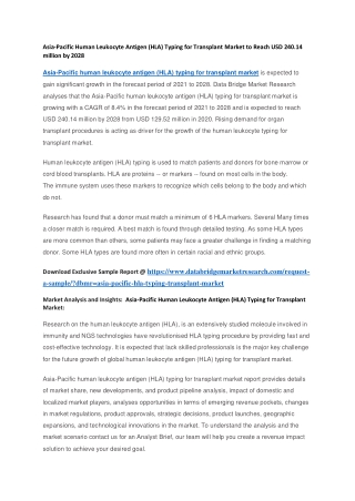 Asia-Pacific Human Leukocyte Antigen (HLA) Typing for Transplant Market to Reach USD 240.14 million by 2028