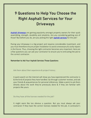 9 Questions to Help You Choose the Right Asphalt Services for Your Driveways