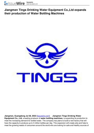 Jiangmen Tings Drinking Water Equipment Co.,Ltd expands their production of Water Bottling Machines