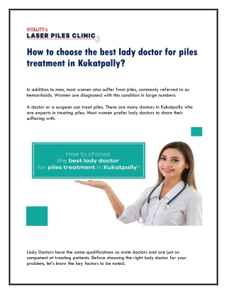 How to choose the best lady doctor for piles treatment in Kukatpally