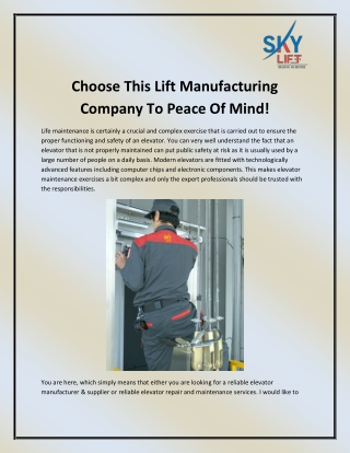 Lift Manufacturing Companies in Rajasthan