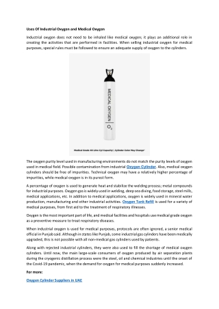 Uses Of Industrial Oxygen and Medical Oxygen