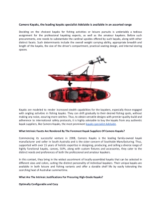 Camero Kayaks, the leading kayaks specialist Adelaide is available in an assorted range.docx