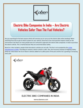Electric Bike Companies In India – Are Electric Vehicles Safer Than The Fuel Vehicles