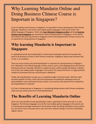 Why Learning Mandarin Online and Doing Business Chinese Course is Important?