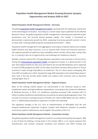 Population Health Management Market Growing Demand, Synopsis, Opportunities