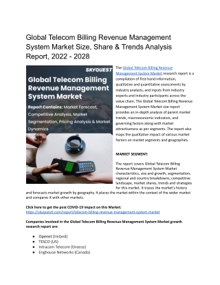 Global Telecom Billing Revenue Management System Market Size, Share & Trends Analysis Report, 2022 - 2028