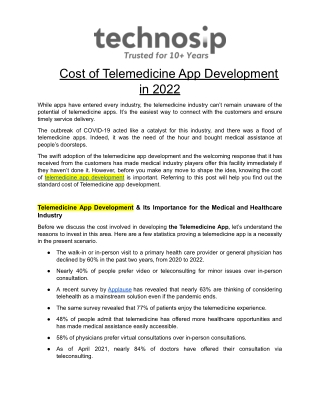 Cost of Telemedicine App Development in 2022