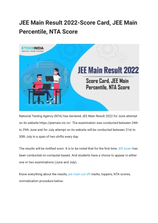 JEE Main Result 2022-Score Card, JEE Main Percentile, NTA Score