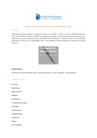 Photoelectric Sensor Market size worth US$2.453 billion in 2027