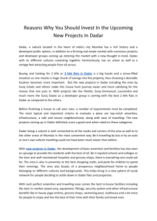 Reasons Why You Should Invest In the Upcoming New Projects In Dadar