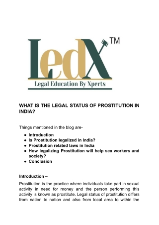 Legal Status of Prostitution in India