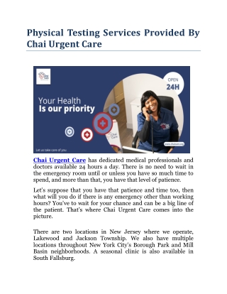 Physical Testing Services Provided By Chai Urgent Care