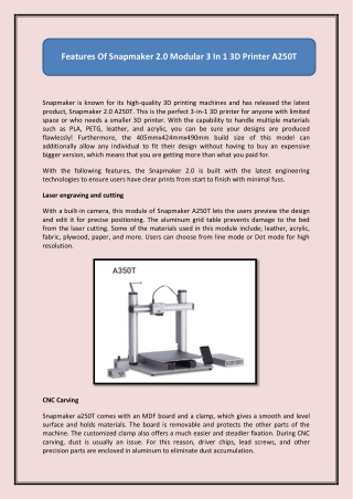 Features Of Snapmaker 2.0 Modular 3 In 1 3D Printer A250T